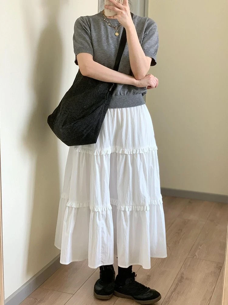 

Fashion Long Skirts Women Stretch High Waist Spring Summer Princess Sweet Elegant Female Skirt French Style Ladies