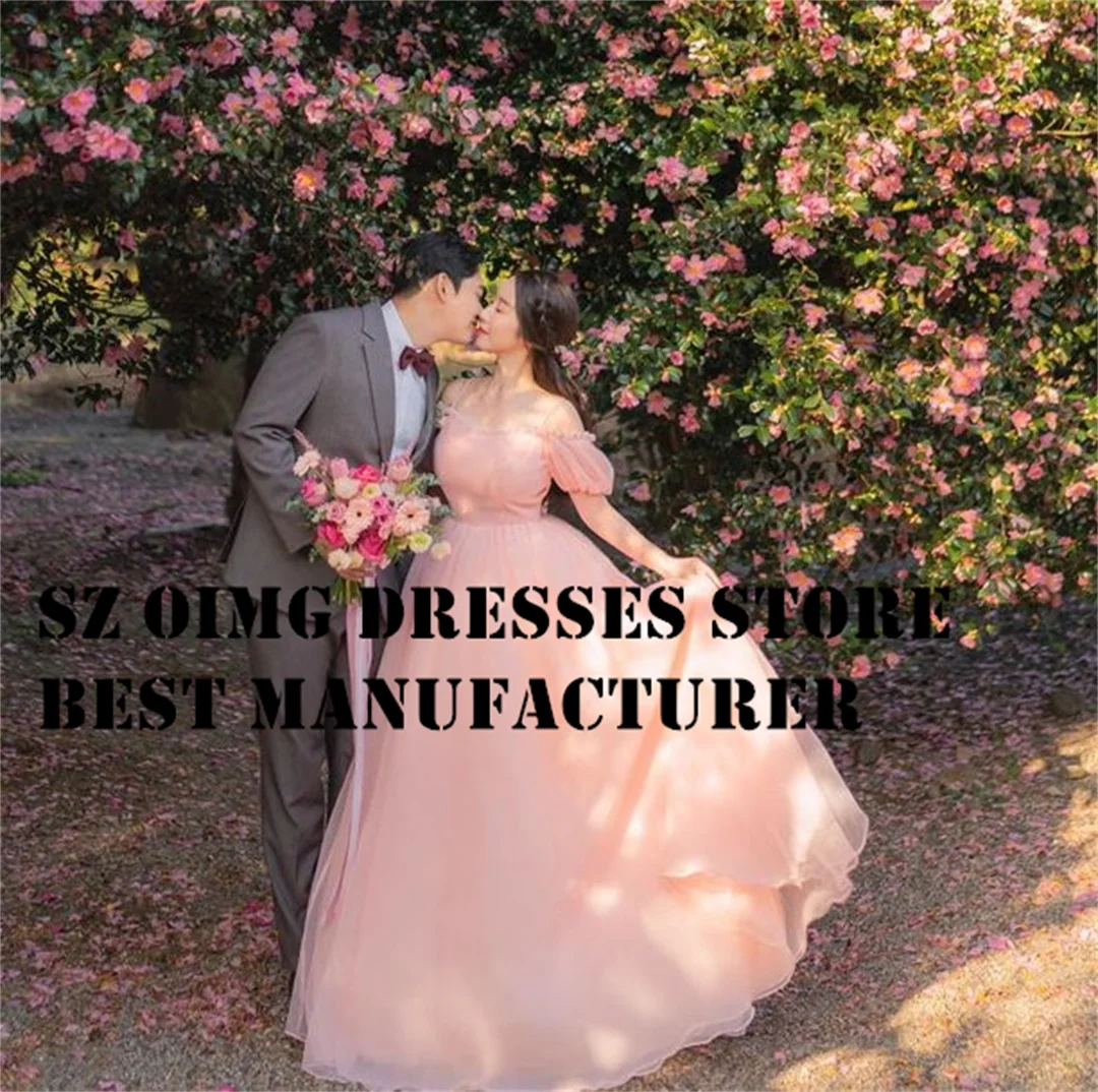 

OIMG Korea A-Line Pink Prom Maxi Dresses Ruched Organza A-Line Corset Off the Shoulder Evening Gowns Formal Party Dress