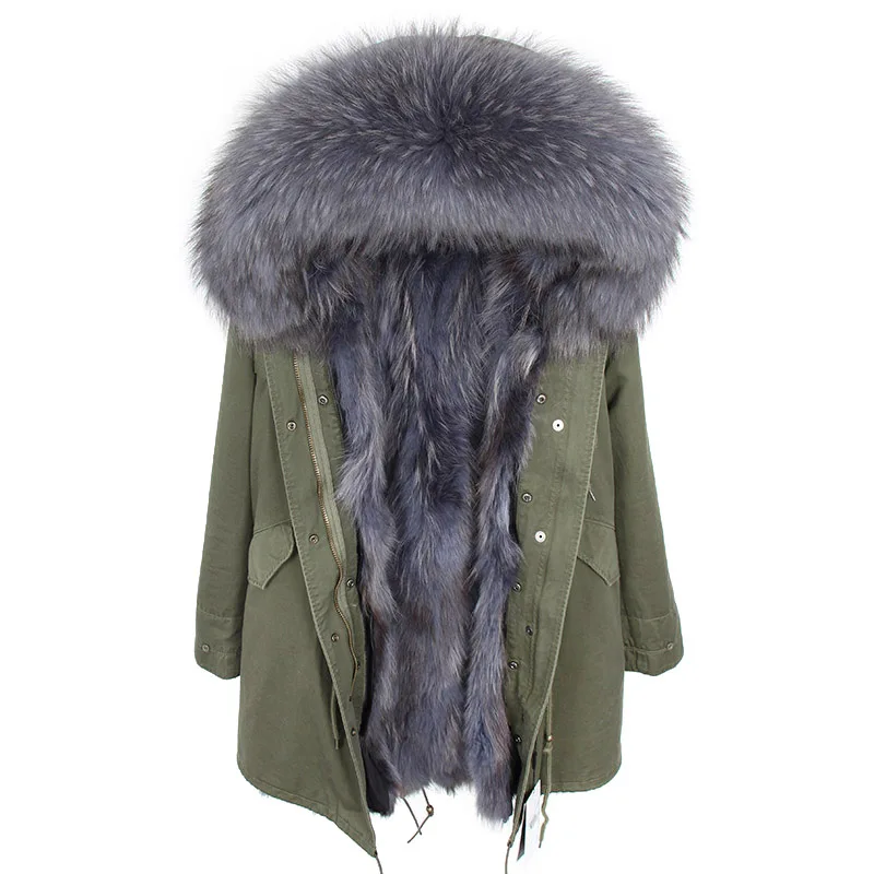 Natural raccoon fur lined jacket coat big raccoon fur collar black gray park thick warm coat