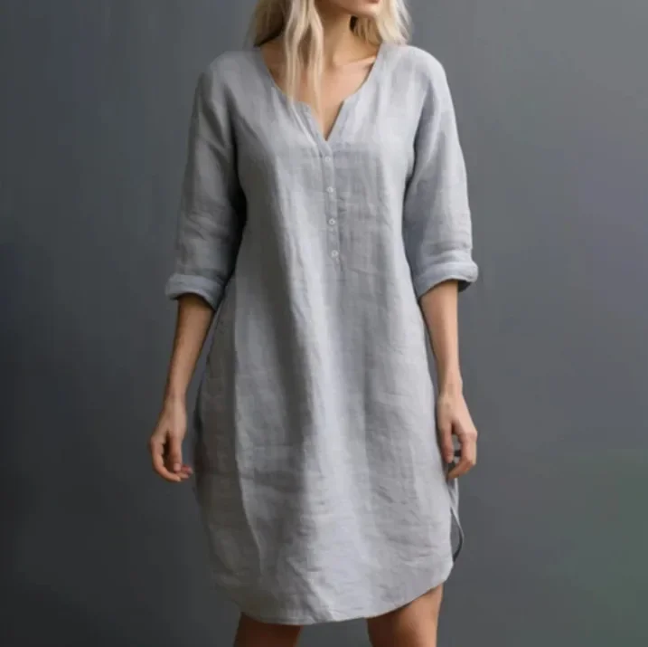 Frauen Hemd Kleid 2024, Sommer Vestidos Casual V-ausschnitt 3/4 Hülse Lose Einfarbig Knie-länge Sommerkleid Vintage Robe femme