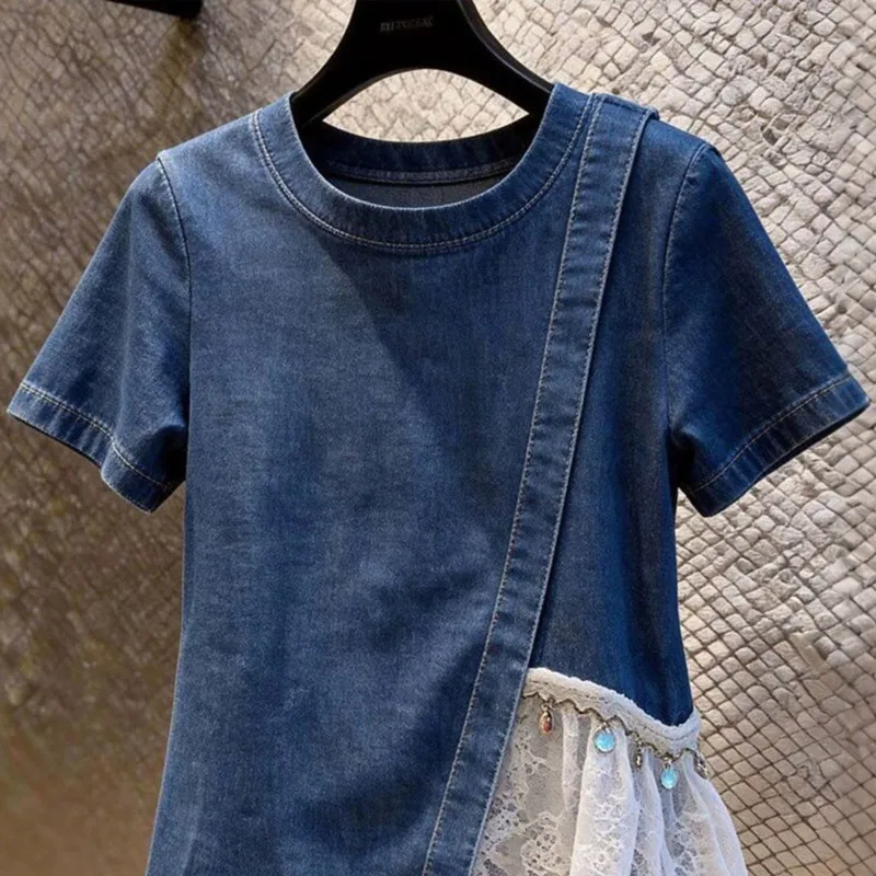 ANJY Spring Summer New Women Niche Design Denim Patchwork Lace O-Neck Short Sleeve T-shirt Trendy Fashion High Street Top A27647