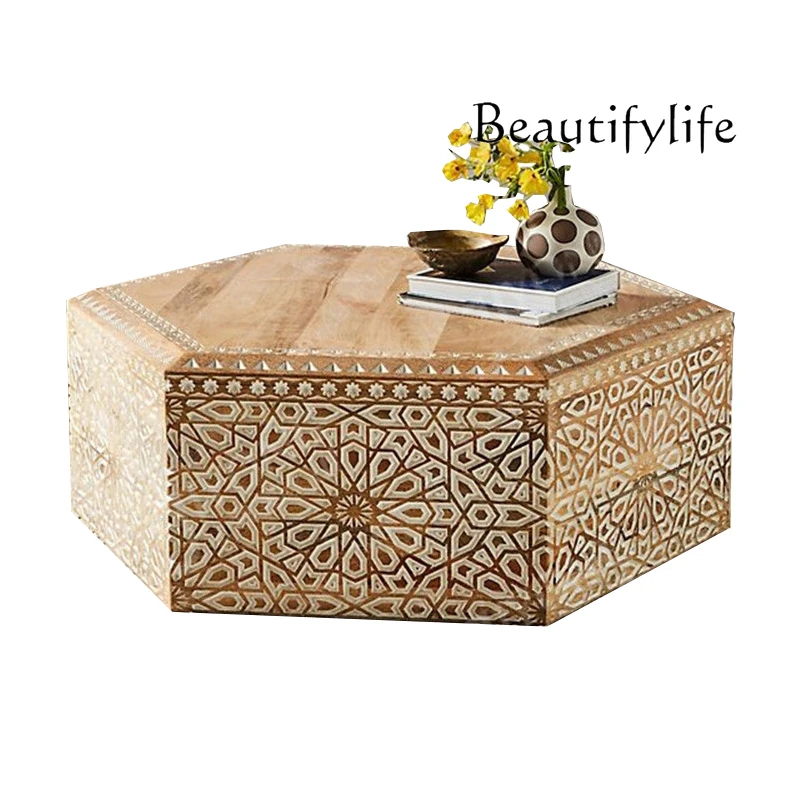 

American country coffee table retro square solid wood carving flower old coffee table round decoration