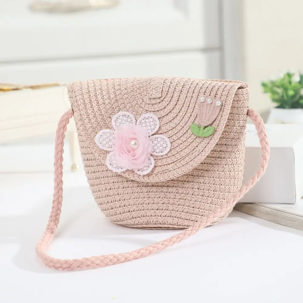 Cute Straw Flap Shoulder Bag Solid Color Handmade Woven Kid Crossbody Bags Photo Props Mini Travel Coin Purse