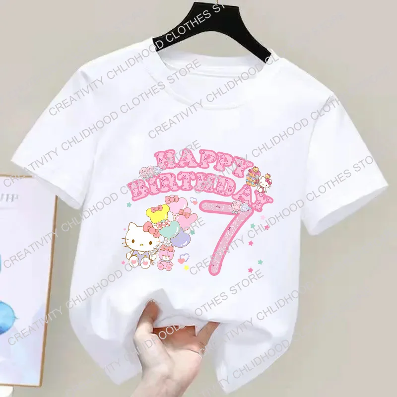 Camiseta de Hello Kittys para niño y niña, camisa con número de cumpleaños, Kawaii, Anime, dibujos animados, informal, 123456789