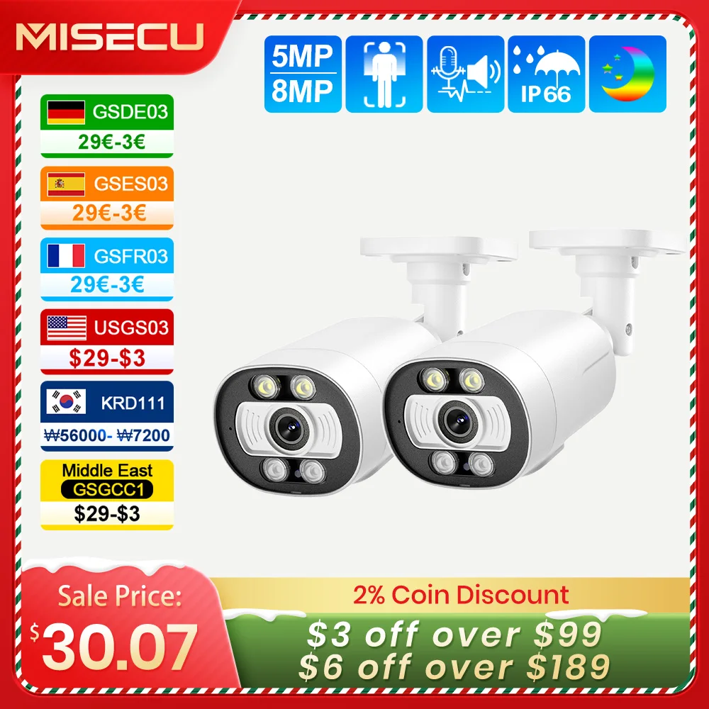 MISECU Super HD 5MP 8MP POE IP Camera Outdoor Surveillance Security Camera Two Way Audio Ai Human Detection Color Night Vision