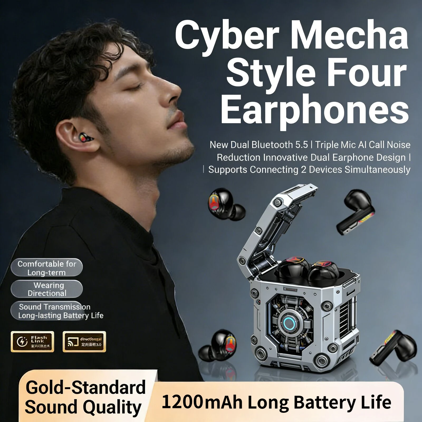 

Cyber Mecha 2 Pairs In 1 Wireless Bluetooth Earphones Low Latency Long Battery Life Call Noise Cancelling Earsets for Music Game