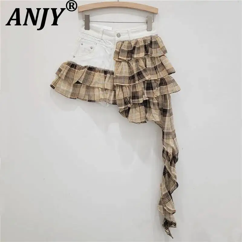 ANJY Spring Summer New Women Trendy Design Hot Girl Denim Patchwork Chiffon Fashion Versatile Irregular Niche Short Skirt A25406