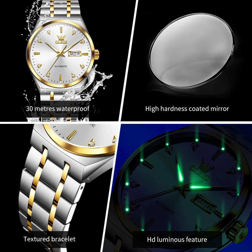OLEVS 9811 남성용 기계식 시계 스테인레스 스틸 방수 빛나는 듀얼 캘린더 간단한 럭셔리 브랜드 자동 남자 시계