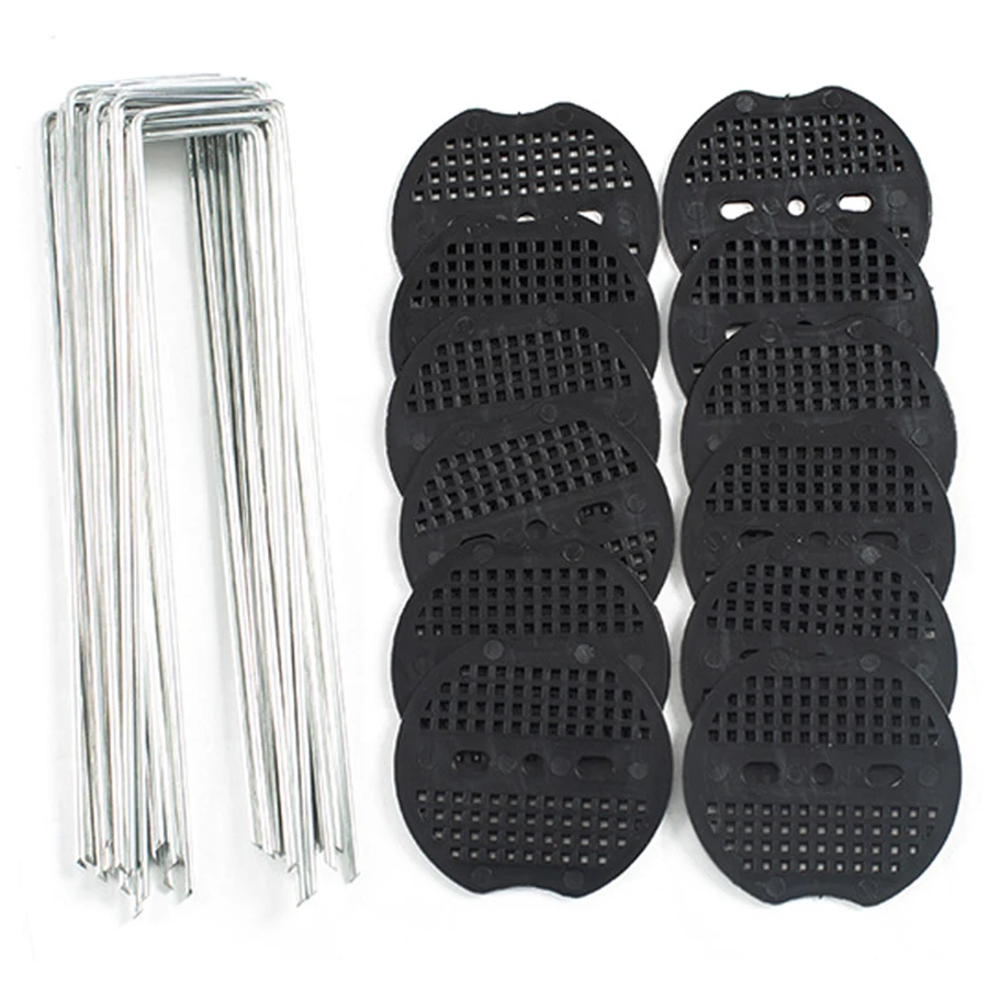 10pcs U-Shaped Garden Ground Stakes with 10pcs 3-Hole Round Washers Duty Turf Nails for Securing Weed Control Fabric Patio Tents