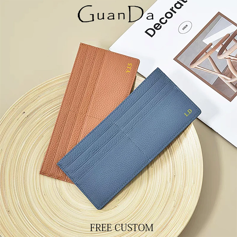 Custom Letters Slim Card Wallet Genuine Leather Engraving Cowhide Luxury Card Holder Lady Fashion Simple Business Coin Purse Bag
