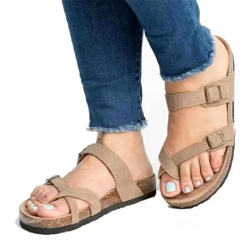 Women Sandals Cork Slippers Roman Buckle Flats Gladiator Sandals Summer Lovers Flip Flops Outside Beach Slides Black Brown Beige