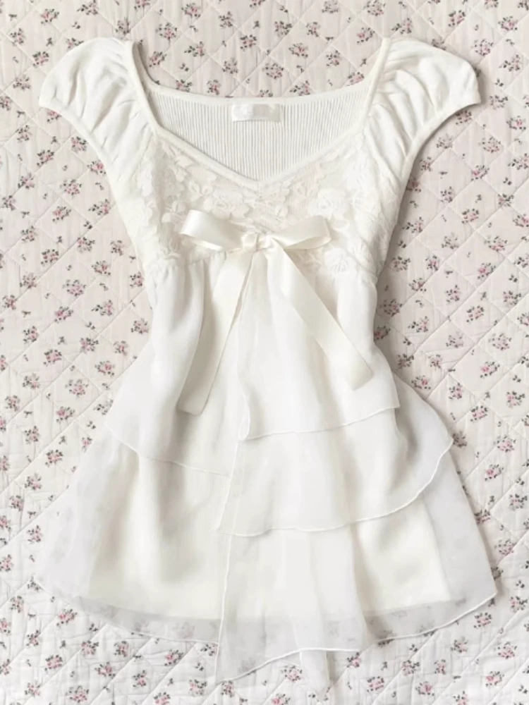 Y2k Kawaii White Ruffle Sweet Blouse Women Japanese Fashion Fairy Bow Sleeveless Tops New Harajuku Elegant Slim Summer Shirts