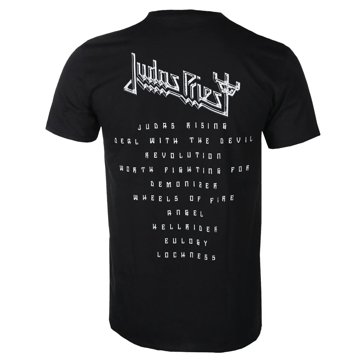 Judas Priest Vibrant Retro Oil Painting Blue Metallic Angel Red Flame Wings Front Print Back White Full Album Song List Logo Tee