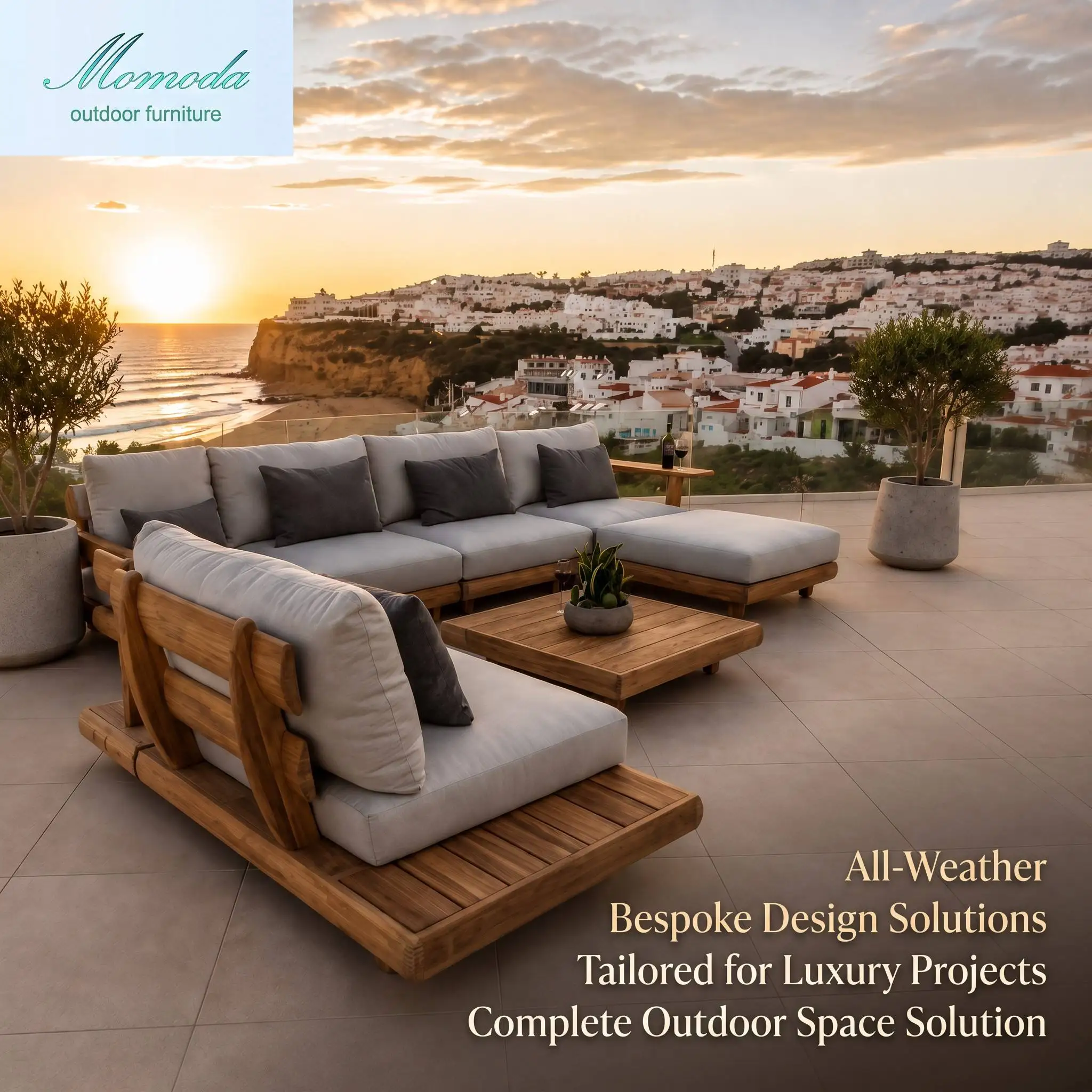 Designer Choice Solid Wood Frame Weather Resistant Grey Padded Seating Modular Sectional Luxury Patio Sectional Sofa Set