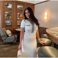 Elegant Contrasting Women Knit Maxi Dress Chic O-neck Short Sleeve Metal Buttons Bodycon Dresses Office Lady Commuting Robe - Image 3