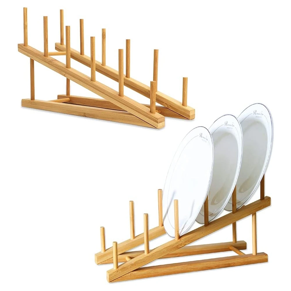 Hot Selling-2 PCS Wooden Dish Rack Bamboo Plate Rack Stand Pot Lid Holder, Dish Drying Rack Kitchen Cabinet Organizer For Dish P