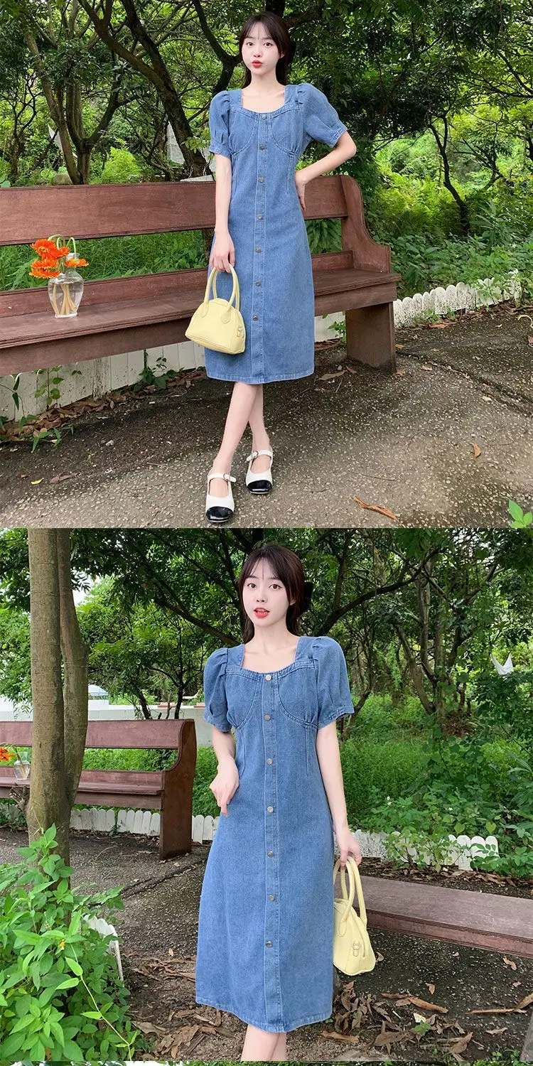 2024 Sommer Denim blau Kleid elegante quadratische Kragen schlanke Vestidos Frauen Kurzarm Sommerkleid Robe Mode Party Kleider d183