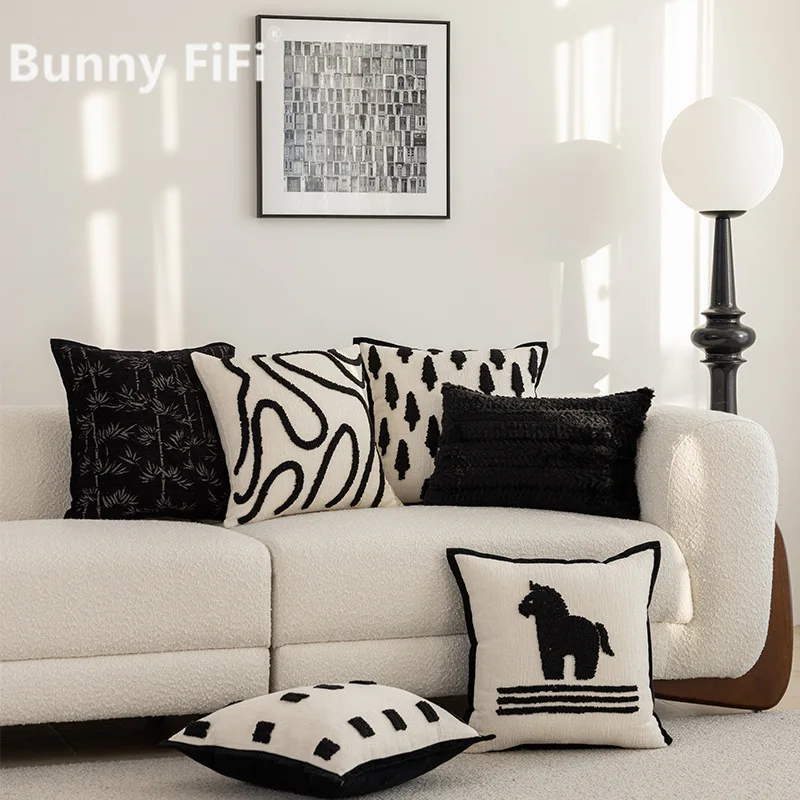 Black Series Loop Velvet Cushion Covers Luxury Modern Chenille Soft Decorative Throw Pillow Case For Sofa Bed Living Room Decor