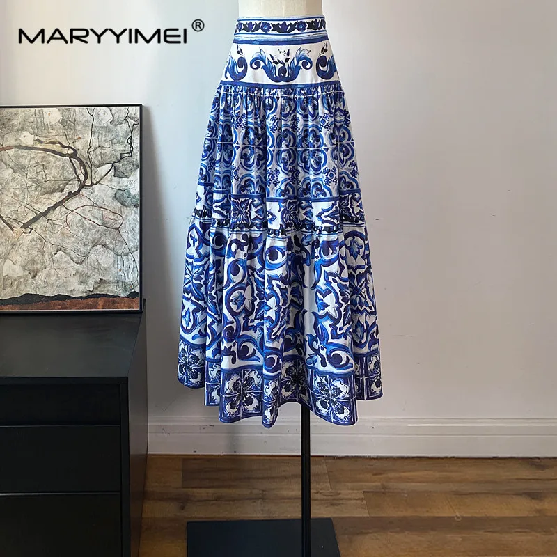 MARYYIMEI-Jupe décontractée en coton bleu et blanc pour femme, nouvelle mode, haute qualité, été