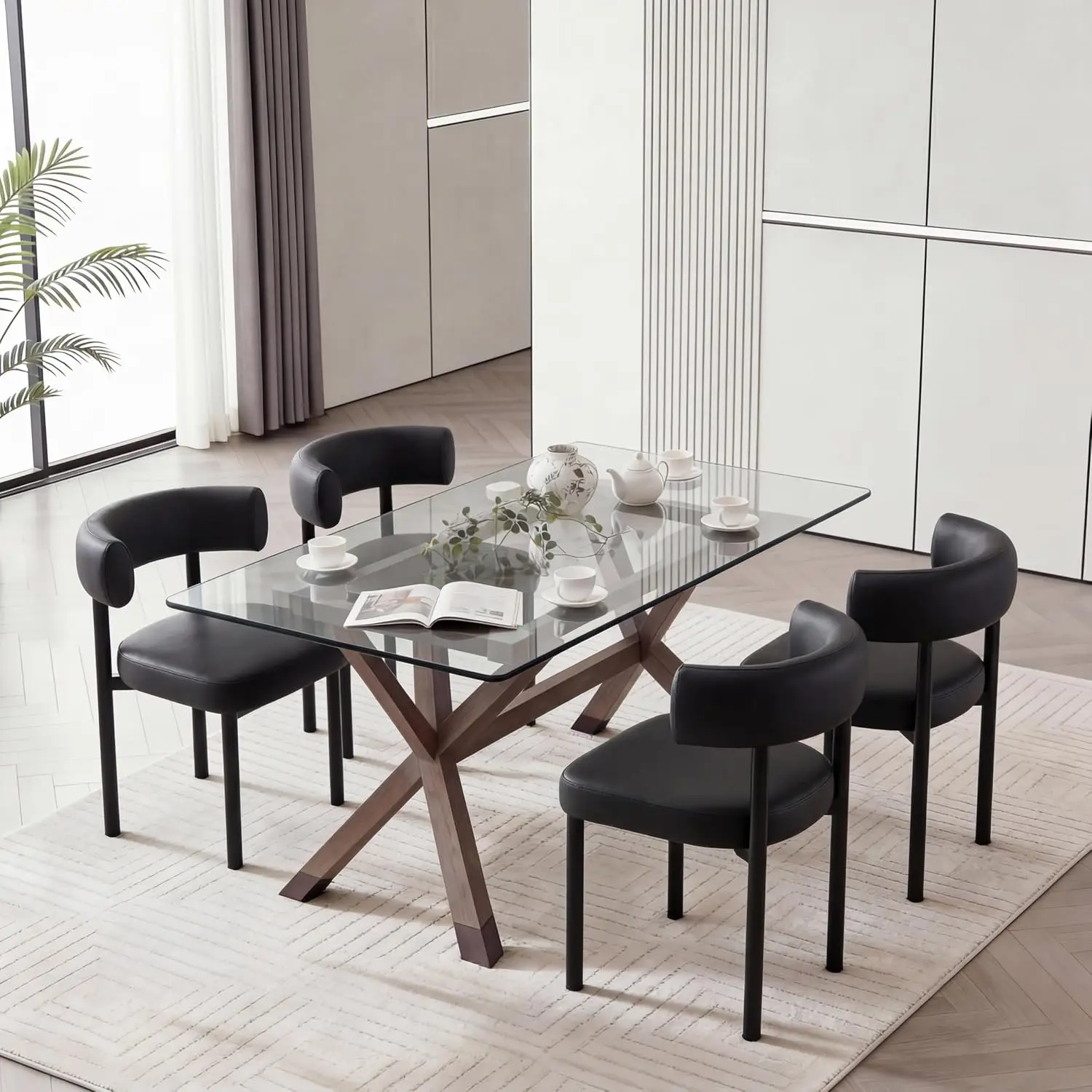 Barrel Dining Chair Faux Leather Black Set 4, Customized