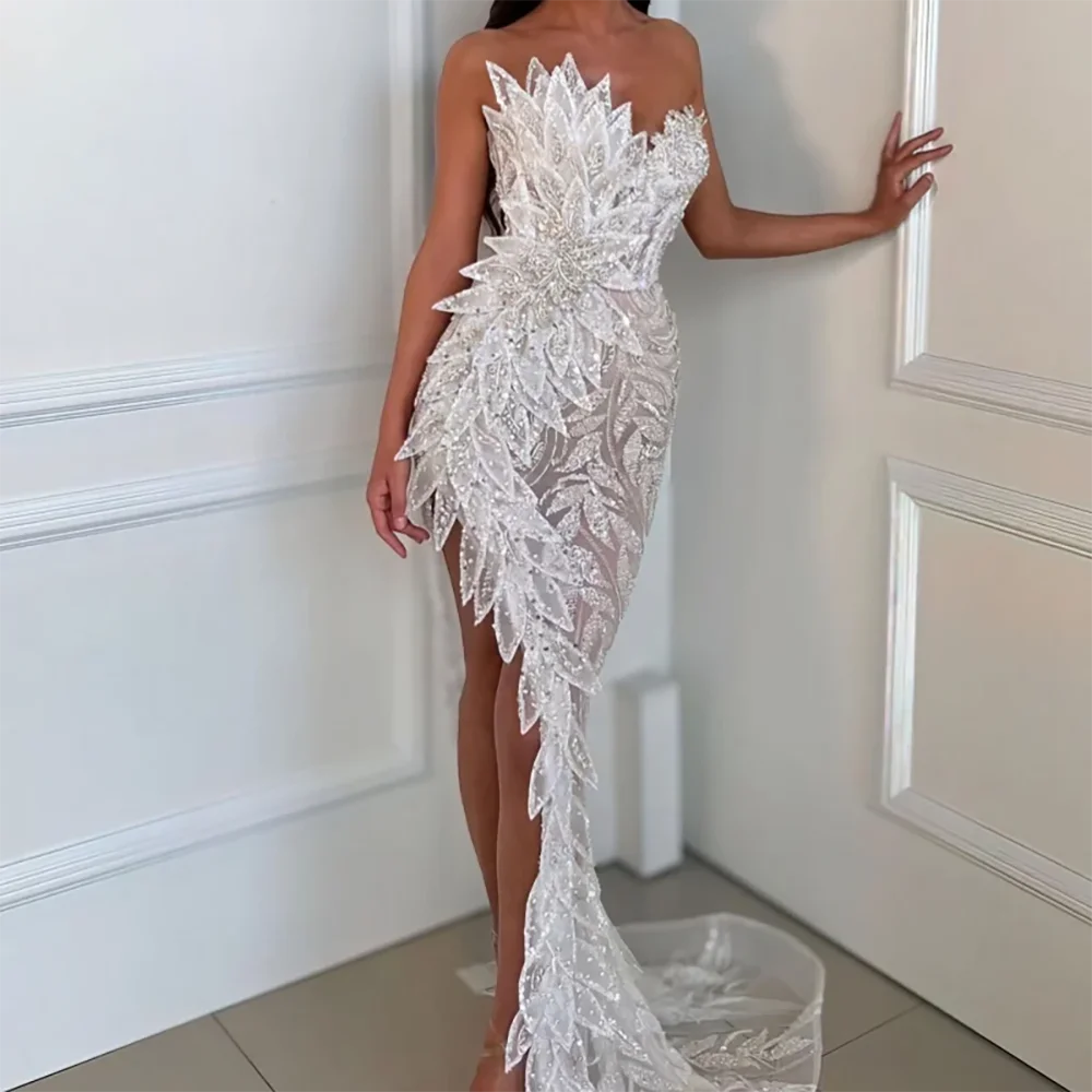 

Luxury Strapless Sleeveless Sequined Side Split Mermaid Formal Evening Dresses Birthday Party Prom Gowns Customized
