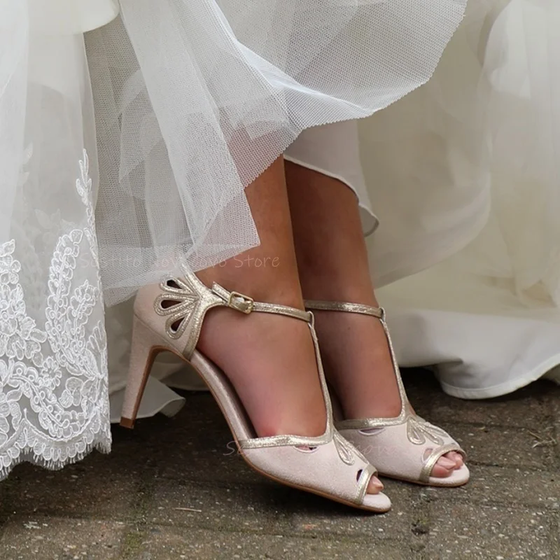 

Peep Toe Bride Wedding Sandals Hollow Flower Embroidery T Straps Summer Stiletto Cover Heels Cutouts Dress Casual Pumps Party