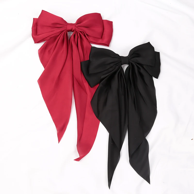 Elegant Bow Ribbon Hair Clip for Women Fashion Solid Satin Black Clip Simple Hairpin Headband with Clips Girls Hair Accessories