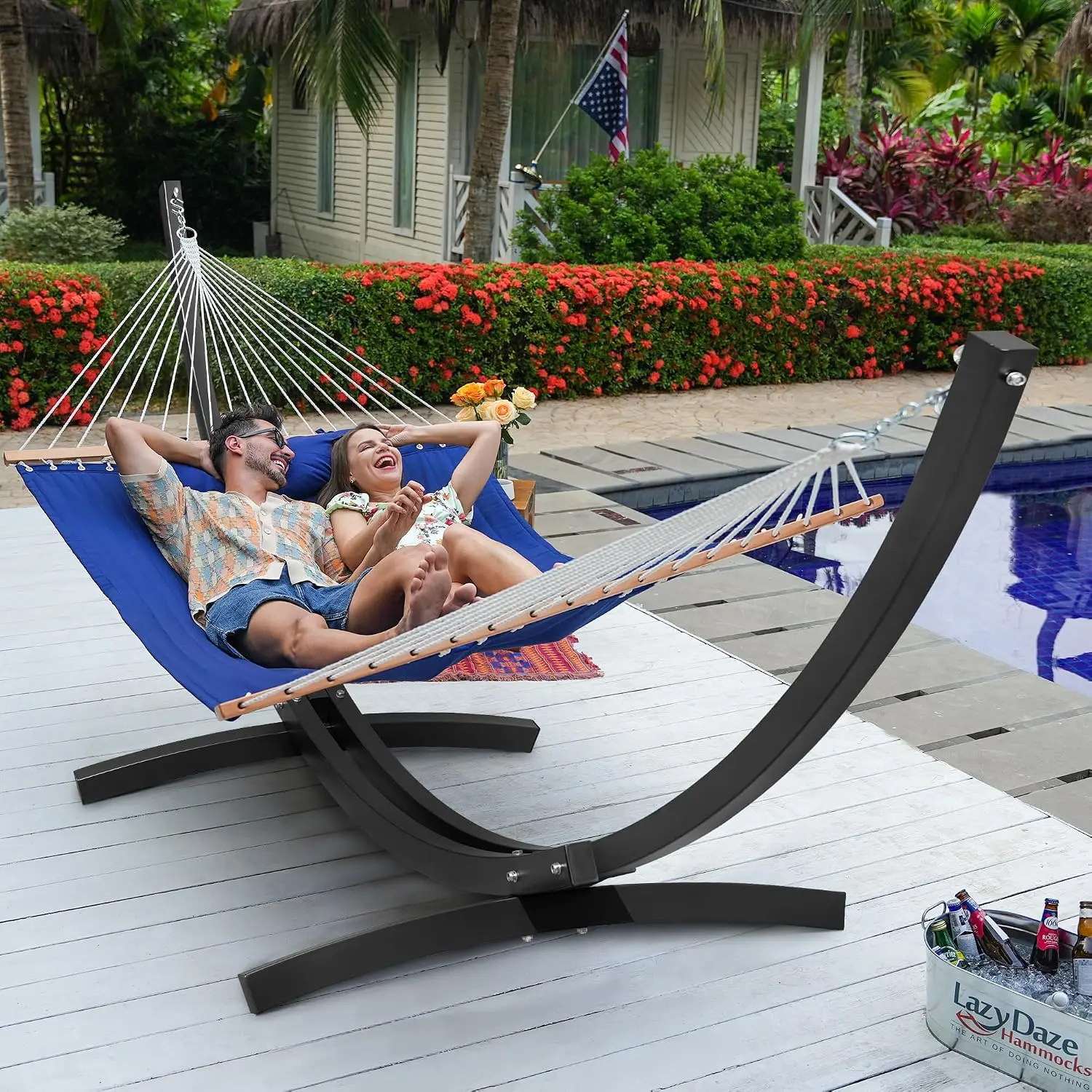 Double Quilted Hammock with Curved Steel Black Stand 13 Ft, Customized