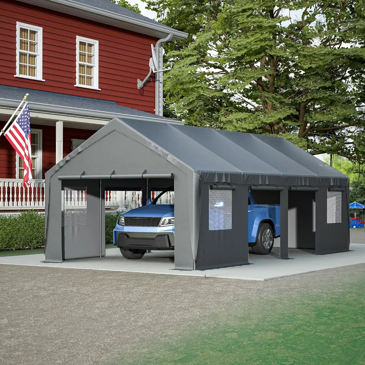 

Автомобильный порт Carport 13 x 25 футов для тяжелых условий эксплуатации с подвижной боковой стенкой и вентилируемыми окнами со съемными боковыми стенками, портативный для улицы