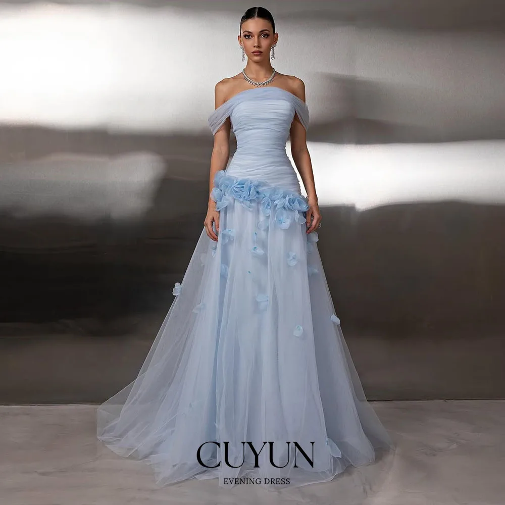 

CUYUN Blue Soft Tulle Evening Dresses Handmade Flowers Off the Shoulder Prom Party Gown Customized A Line Women Birthday Dress