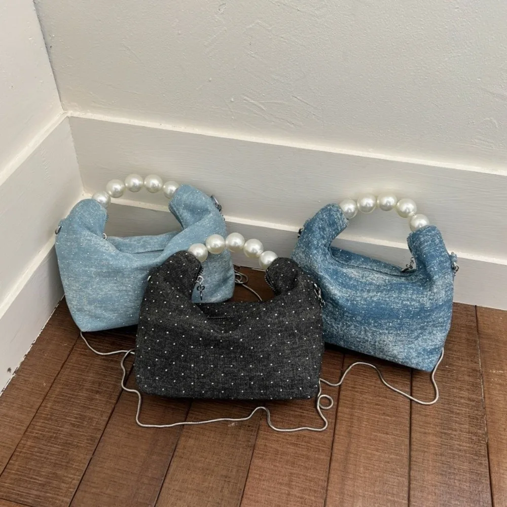 

Trendy Korean Pearls Denim Bag Small Square Denim Crossbody Bag Rhinestones Casual Women's Handbags Girls