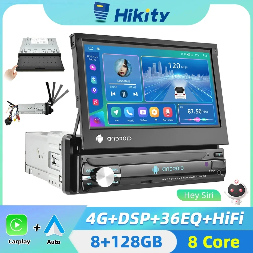 Hikity 7" Retractable Screen Android 1 Din Car Radio Carplay Multimedia Video Player Universal Car Audio No DVD