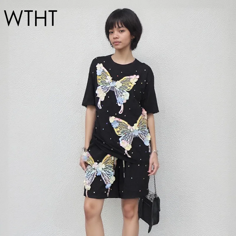 

WTHT Fashion New Women Suits Diamonds Bows Print Short Sleeve T-shirt Elastic High Waist Shorts Set Female 2025 Summer 1LS2183