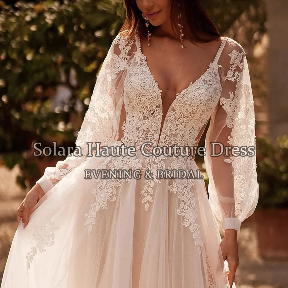 Boho Chic Wedding Dresses Bohemian robe de mariée Deep V Neck Lace Long Sleeves Tulle Bridal Gown Backless Customized