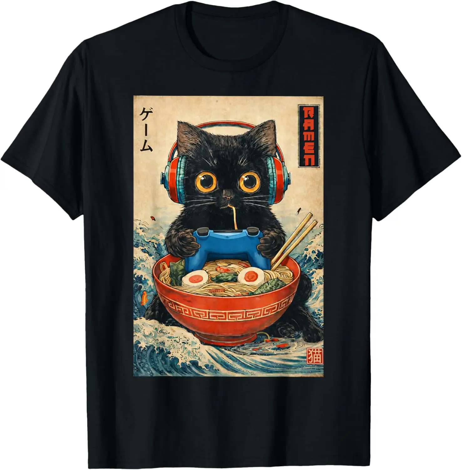 Ramen Japanese Funny Graphic Tees Kawaii Cat Anime Gifts T-Shirt 100% Cotton Trendy Y2K Short-Sleeve Tee-Soft, Quick-Drying,