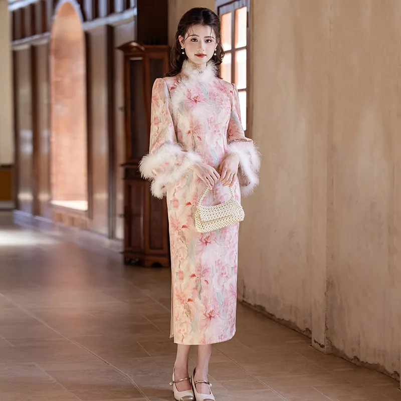 

Розовый Cheongsam с длинными рукавами и принтом, женское осенне-зимнее молодежное темпераментное новое платье в китайском стиле Qipao