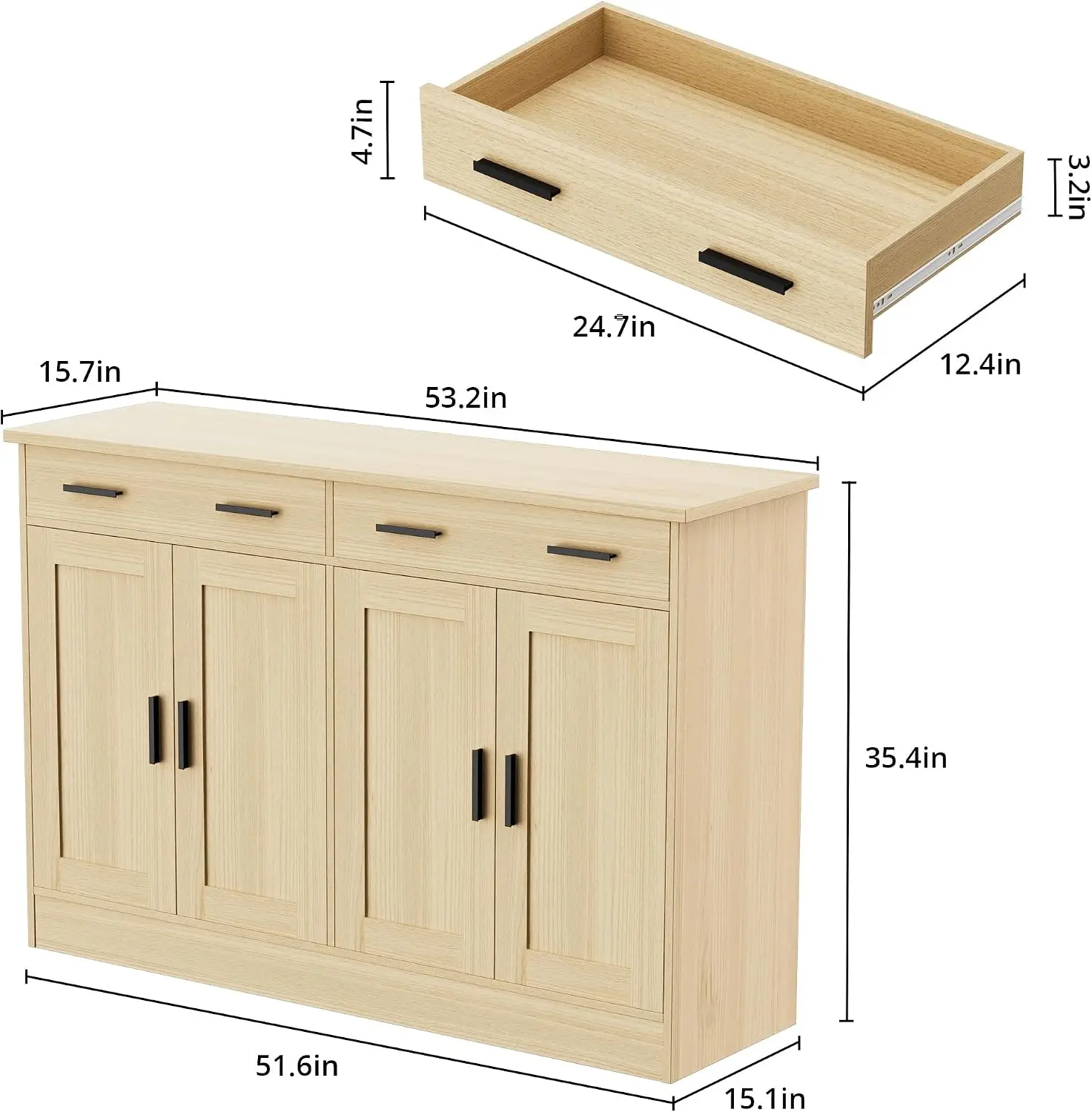 53 Inch Oak Buffet Sideboard Cabinet with Storage 2 Drawers 4 Doors Credenza Server for Dining Room Living Room Hallway