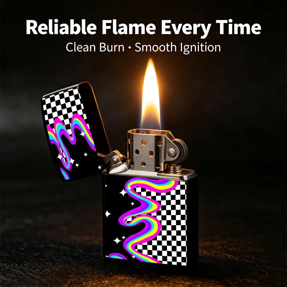 Pocket Lighter, Flip Top Windproof, Black & White Checkered with Rainbow Swirl Design, Metal Case, Comfort Grip, Refillable, Portable, Stylish Gift