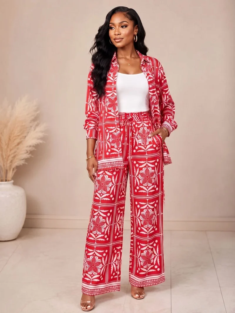 Fashion Floral Print 2 Piece Sets Women Outfit Autumn Clothing Women 2026 Long Sleeve Shirt Top and Pants Suit Casual Woman Sets