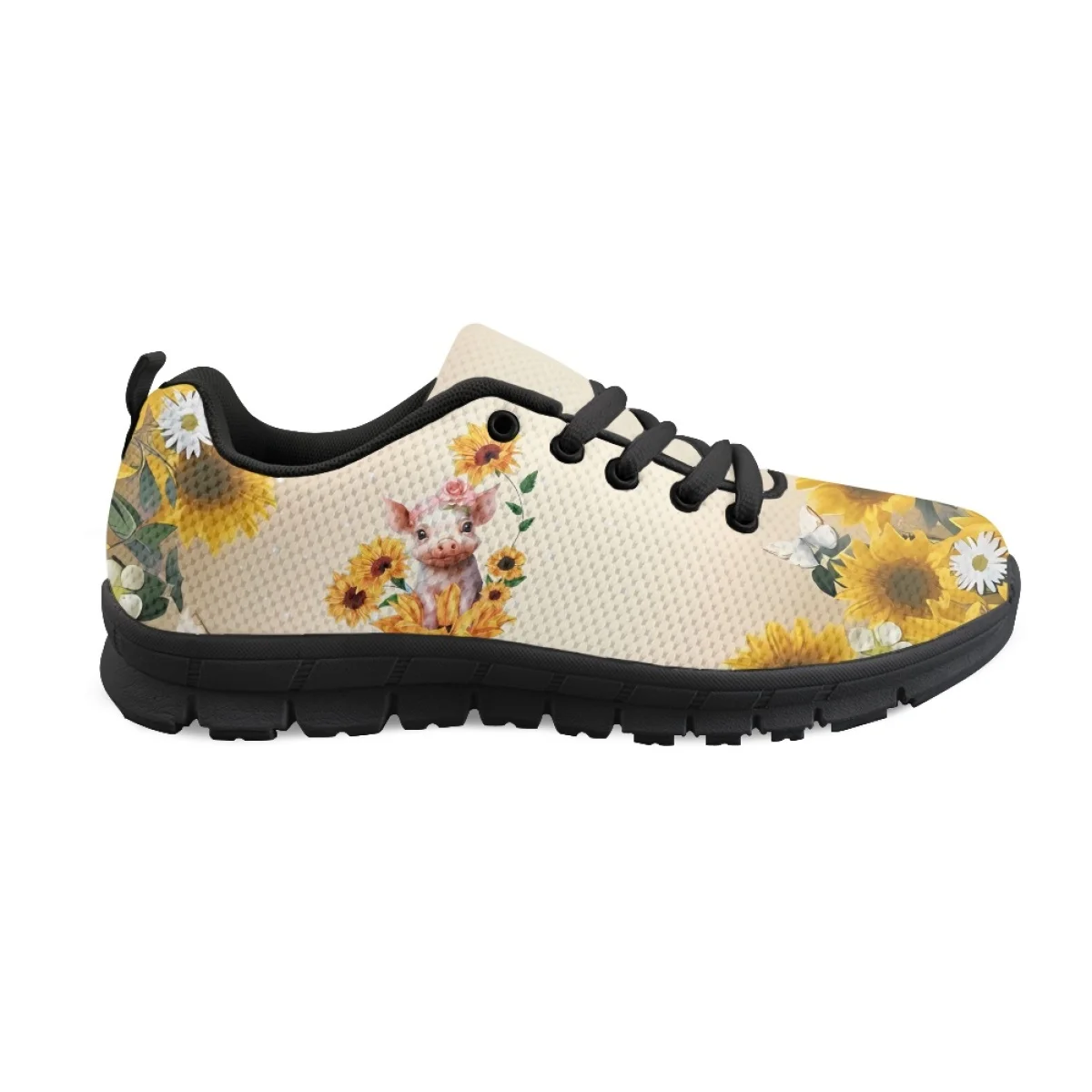 INSTANTARTS Cute Sunflower Little Pig Design Casual Sneakers Non-Slip Sport Shoes Comfort Shockproof Walking Flats for Women Hot