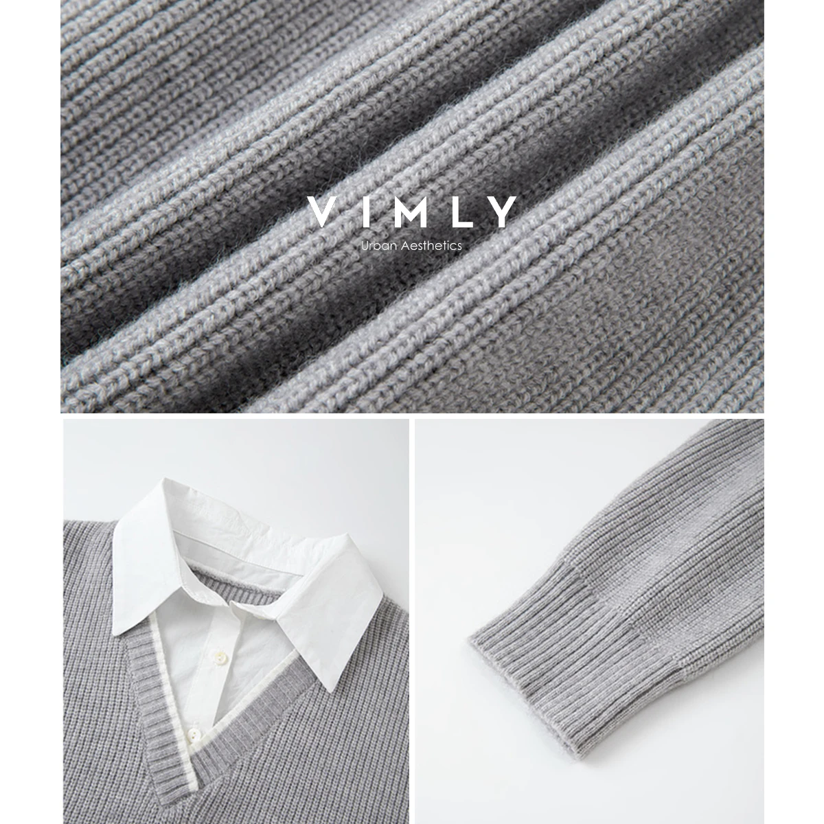 Vimly outono 2025 moda mulher nova malha cinza pullovers estilo preppy retalhos 2 em 1 camisola turn-down neck senhoras jumpers 75082