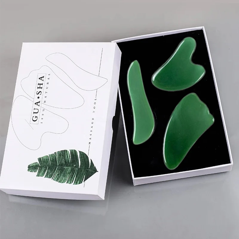 3PCs Dark Green Jade Scraping Board Set For Body Gua Sha Acupuncture Massage Spa Facial Lifting Beauty Anti Aging Skin Care Tool