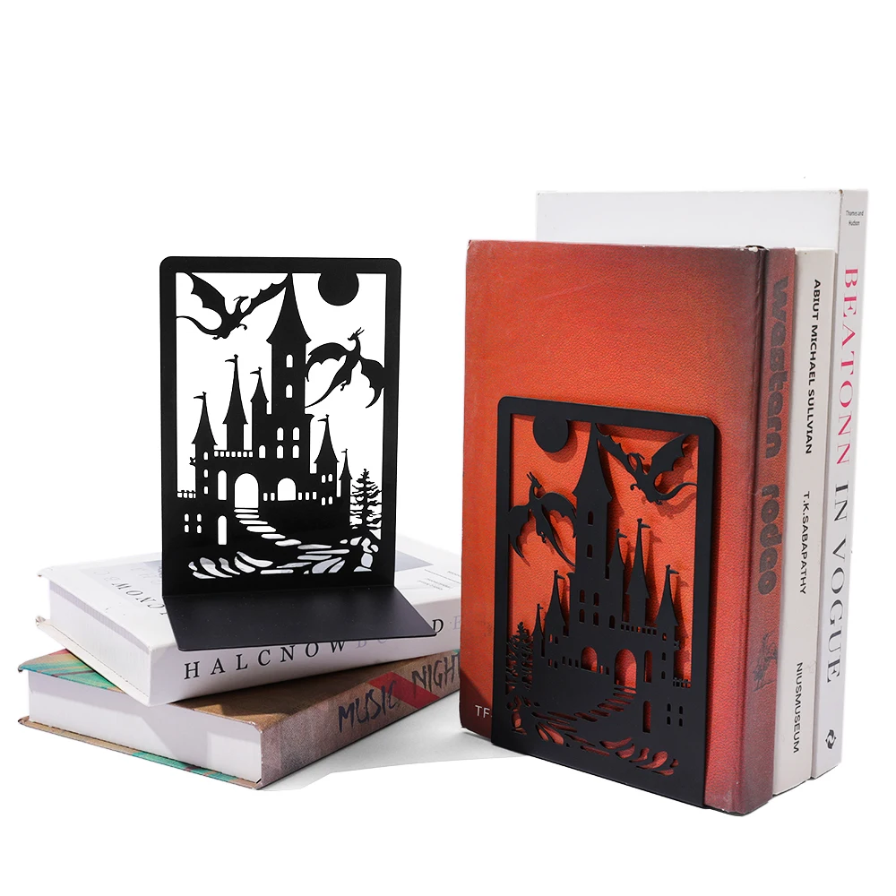 A Creative Black Metal Bookshelf Set with Castle and Dragon Designs, Providing Anti Slip Book Support for Fantasy Enthusiasts.