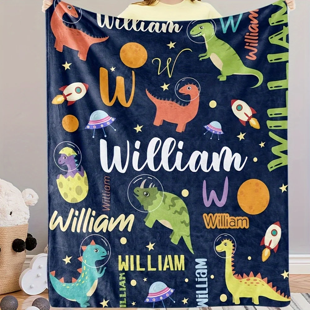 Personalized Name Cartoon Dinosaur Flannel Blanket Suitable For Home Office Travel And More Durable Warm Soft Comfortable Fabric