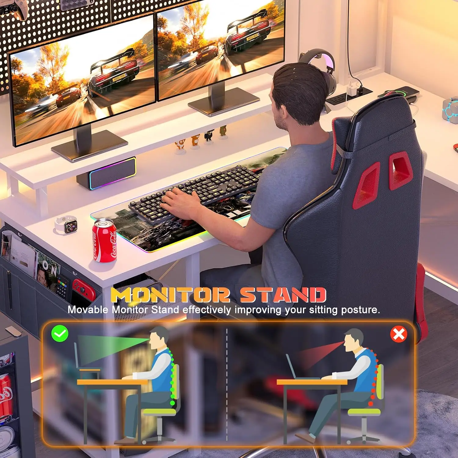 Small L Shaped Desk Gaming Desk with LED Lights & Power Outlets | Reversible L-Shaped Computer Desk with Monitor Stand & Shelf, - view 5