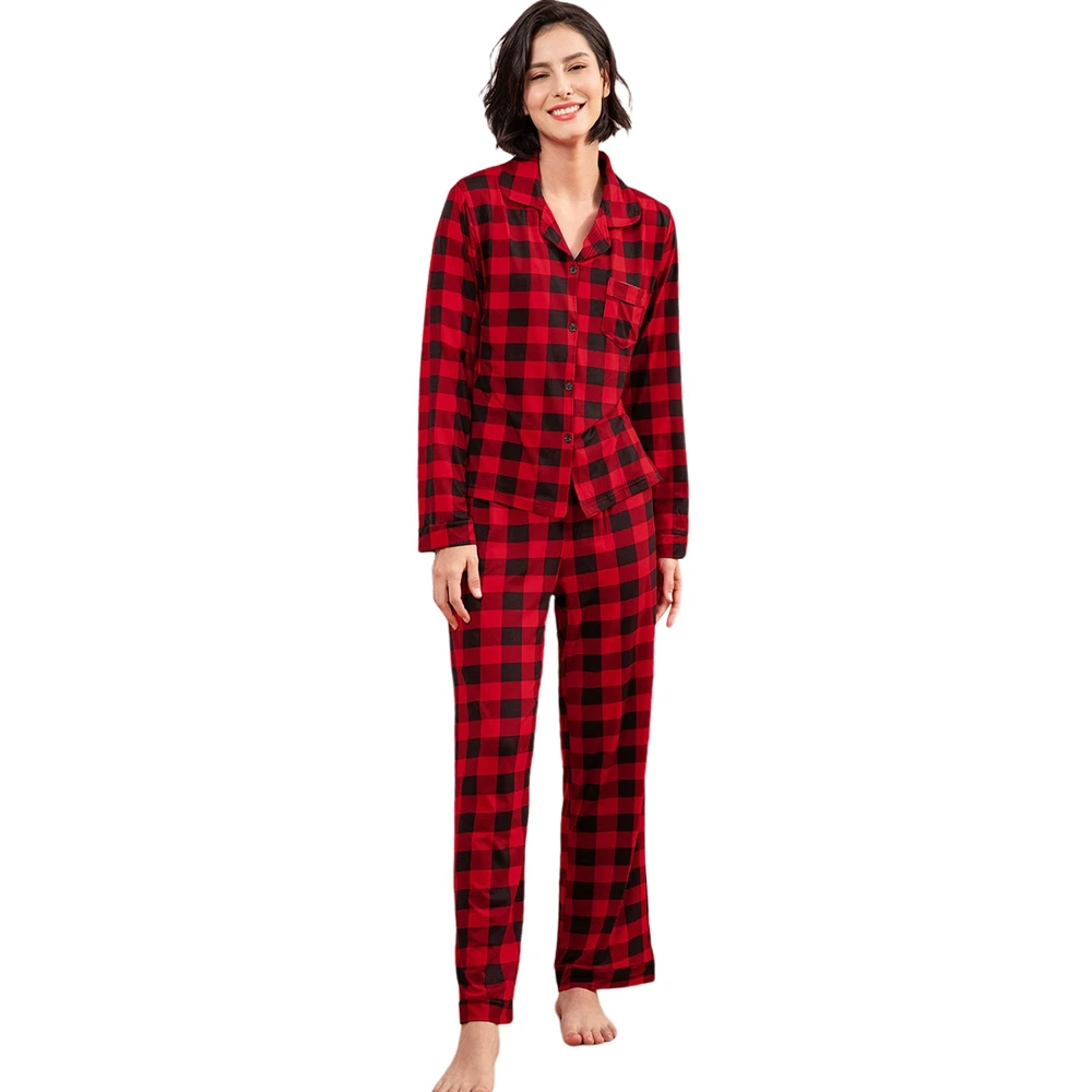 Women\'s Red and White Check Pajama Two-piece Set Long Sleeve Lapel Cardigan Shirt and Pants