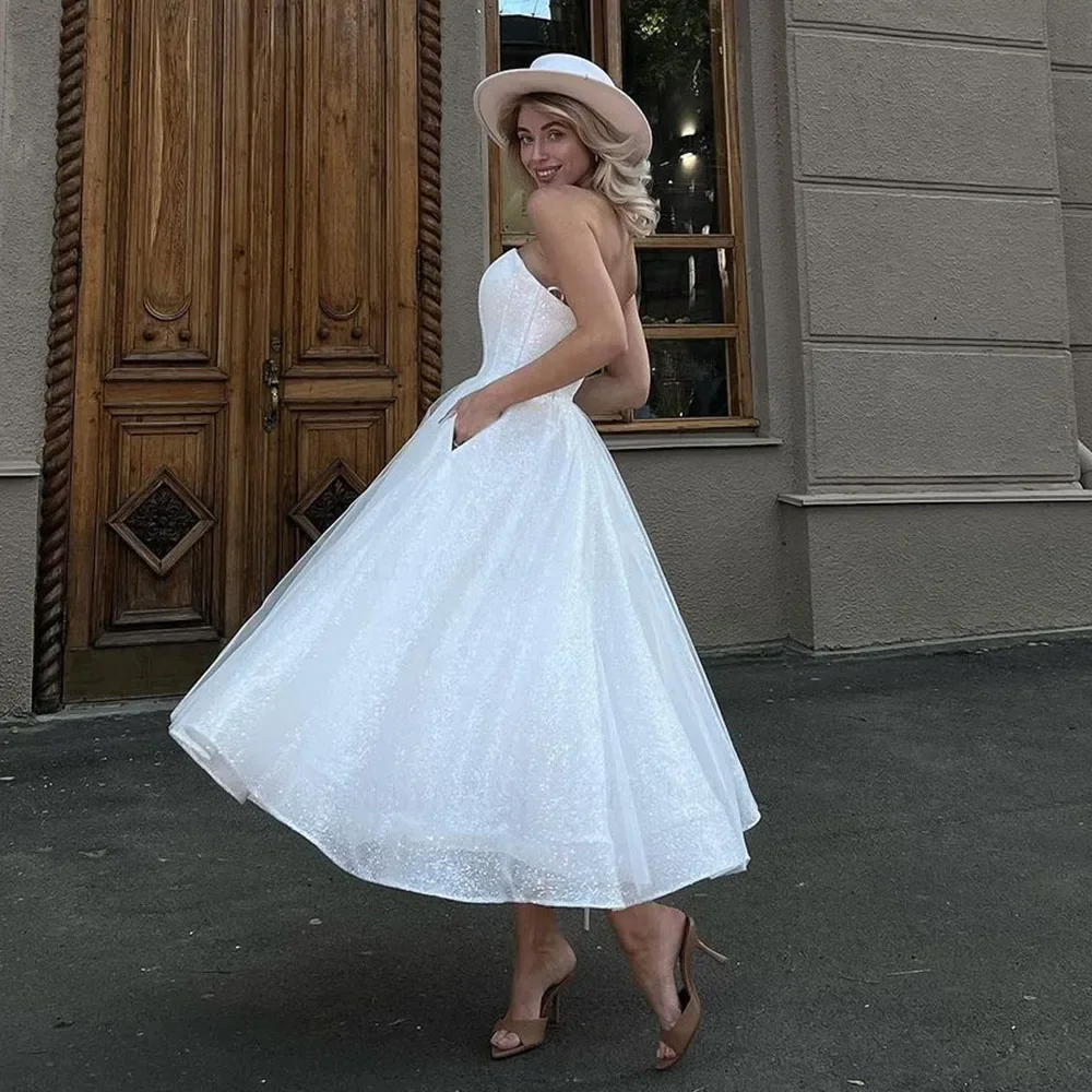 Ivory Sweetheart Princess Wedding Dress Tulle A-line Strapless Bride Dress Ankle-Length Women's Sexy Dress Customization