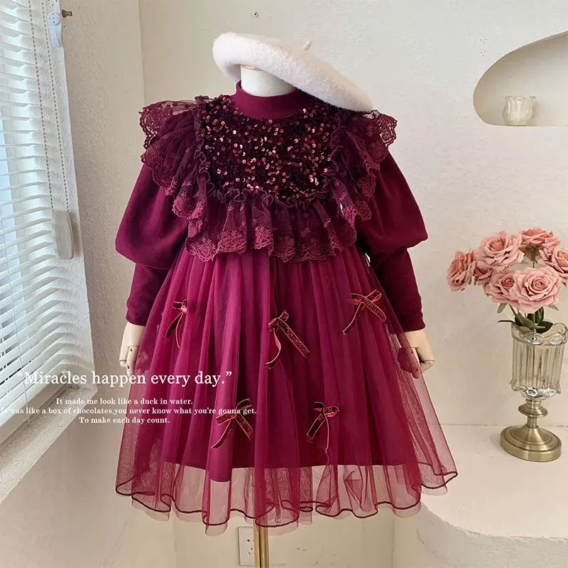 Tulle Lace Cute Baby Girls Bow Velvet shiny Dress  Autumn Winter Long Sleeve Kids Red Princess Children Dresses Party 2-8Years