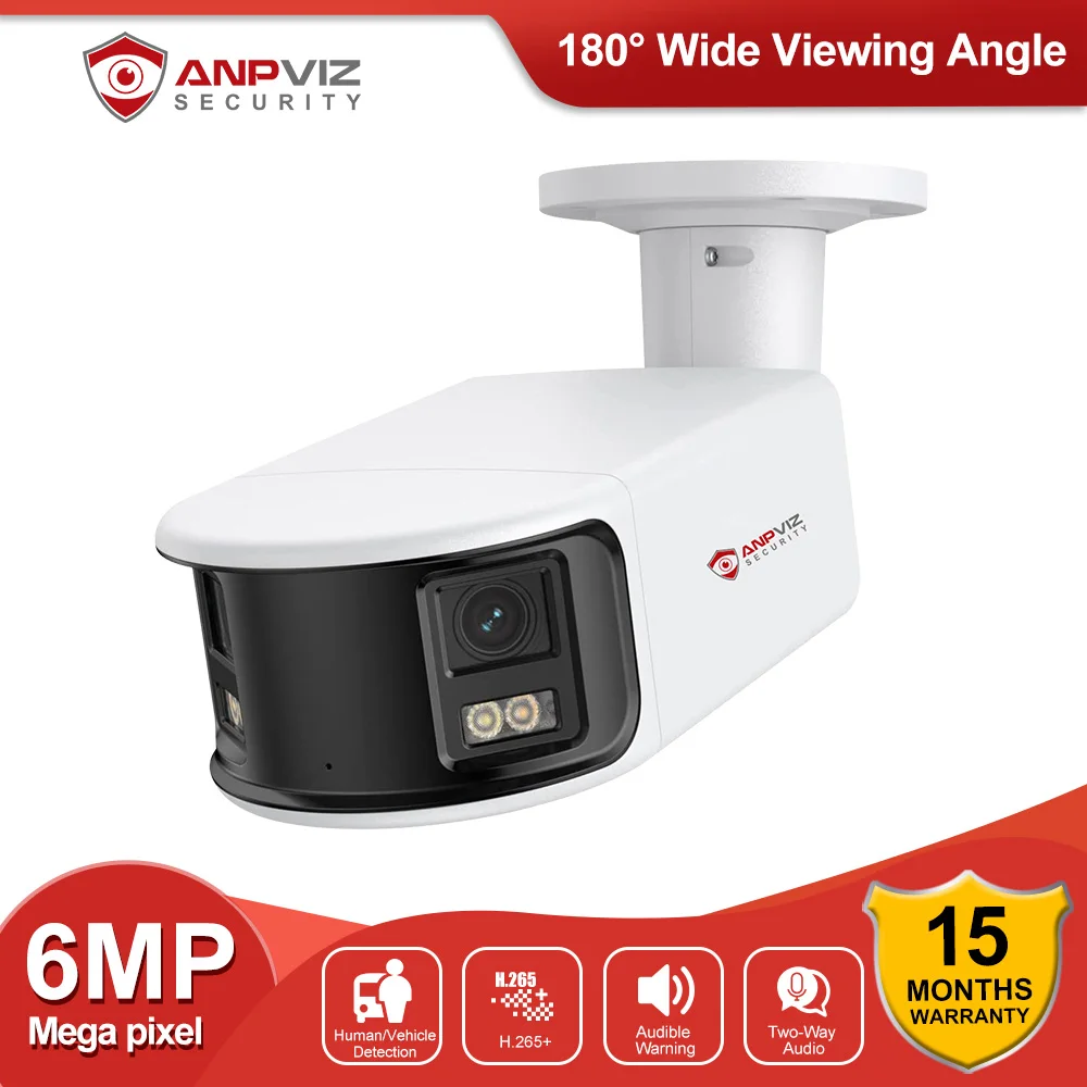 

Anpviz 6MP Panoramic Camera Dual Lens POE Camera 180° Wide Angel Real Time 2-Way Audio AI Human Vehicle Detection SD Slot IP67