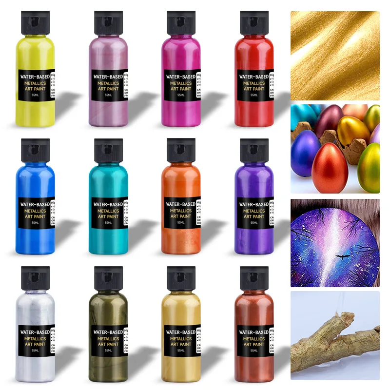 

12-Color Water-Based Metallic Paint 55ml Rustproof Fade-Resistant Pigment for DIY Crafts Metal Surfaces